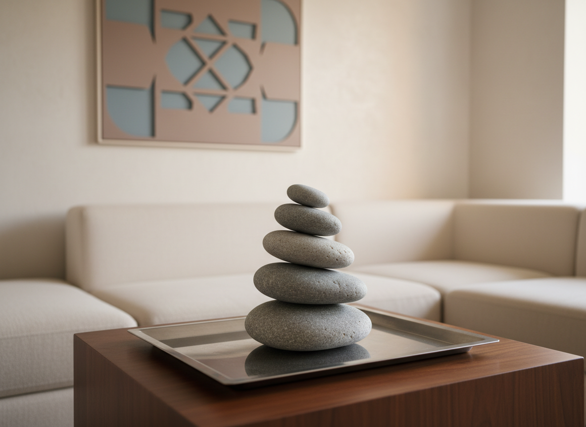 A delicately balanced stack of serene gray river stones on a brushed steel tray, subtly reflecting ambient light. The tray is positioned on a low, structured side table within a spacious, minimal lounge set against a backdrop of smooth, off-white walls and a single, geometric wall art piece. Indirect morning light streams in from the right, highlighting the stones’ smooth textures and casting soft, organic shadows. Framed at a slight angle with a shallow depth of field, focusing tightly on the tactile quality of the stones, the image conveys tranquility and equilibrium. The photographic style and restrained palette communicate a healing environment in harmony with craniosacral retreat themes.