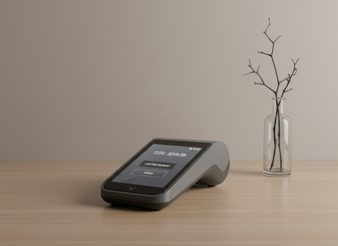 A polished, slate-gray payment terminal with a sleek, touch-sensitive interface, displayed atop a matte, natural oak desk. The screen shows a simple, secure payment prompt with clearly labeled options in understated, modern font. The background reveals a faintly textured, neutral taupe wall and an elegant glass vase containing a single monochrome twig, adding visual balance without clutter. The scene is lit by soft studio lights that create even, flattering illumination with subtle reflections and sharp definition on the terminal’s edges. Shot from a slightly elevated angle, the focused composition exudes corporate sophistication and trustworthiness, reinforcing the website’s streamlined payment process.