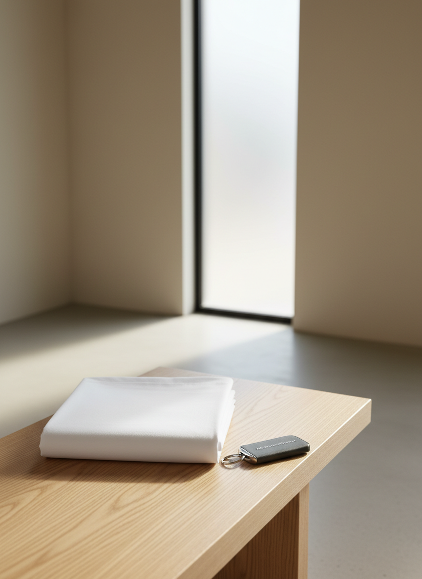 A pristine, high-thread-count white bedsheet crisply folded atop a minimalist wooden bench, paired with a classic slate-gray key fob labeled 'Accommodation Confirmed' in elegant silver emboss. The bench is situated within a tastefully sparse, sunlit foyer featuring pale beige walls and a single, frosted glass panel in the background. Soft afternoon sunlight pours through, casting airy, delicate highlights and faint linear shadows across the bench and sheet. The composition uses the rule of thirds, with a moderate depth of field, focusing attention on the sheet and key fob. Creating a serene, welcoming, and professional atmosphere, the photographic, clean-lined style aligns with a structured site experience and signals the site’s thorough approach to accommodation confirmation.